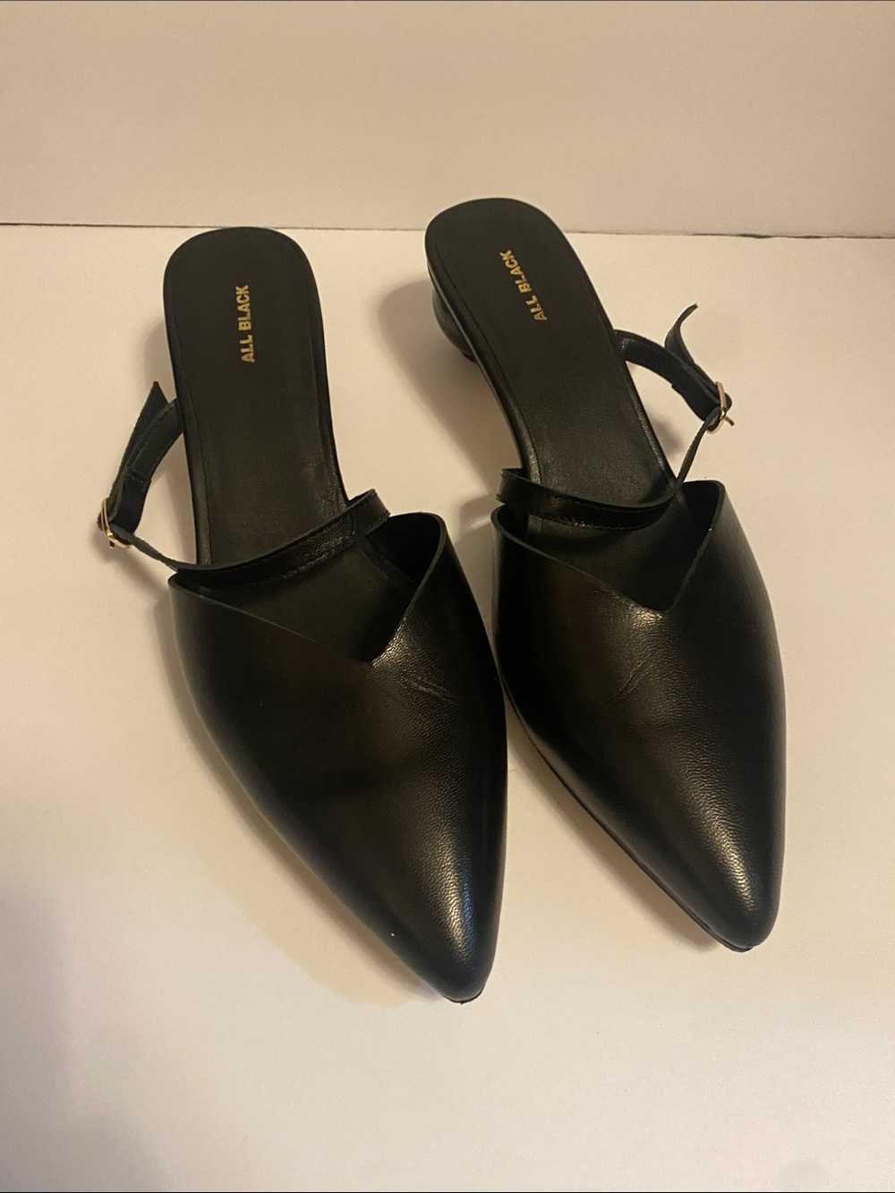 Sleek Black Pointed Toe Mule Heels Size 10 Leather Upper